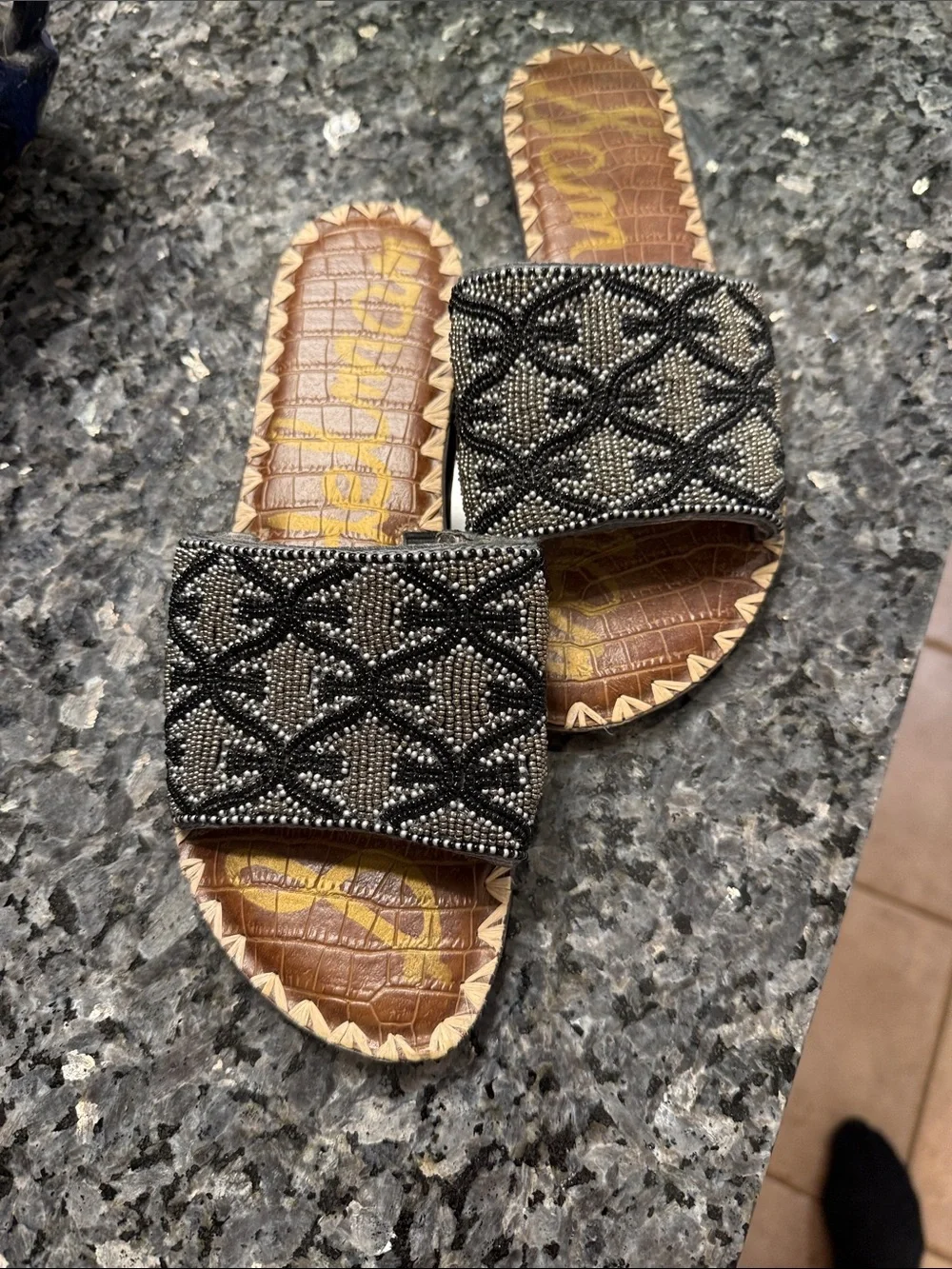 Sam Edelman Black Beaded Slide Sandals with Brown Croc-Print Footbed